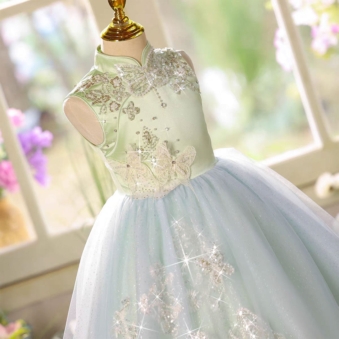 Elegant Sage Green Beaded Flower Girl Pageant Princess Gown D220