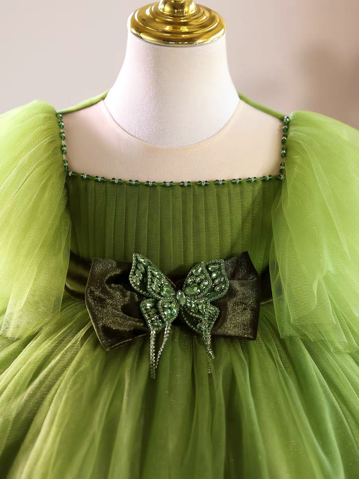 Green Knee Length Flower Girl Dress for Party and Wedding D149