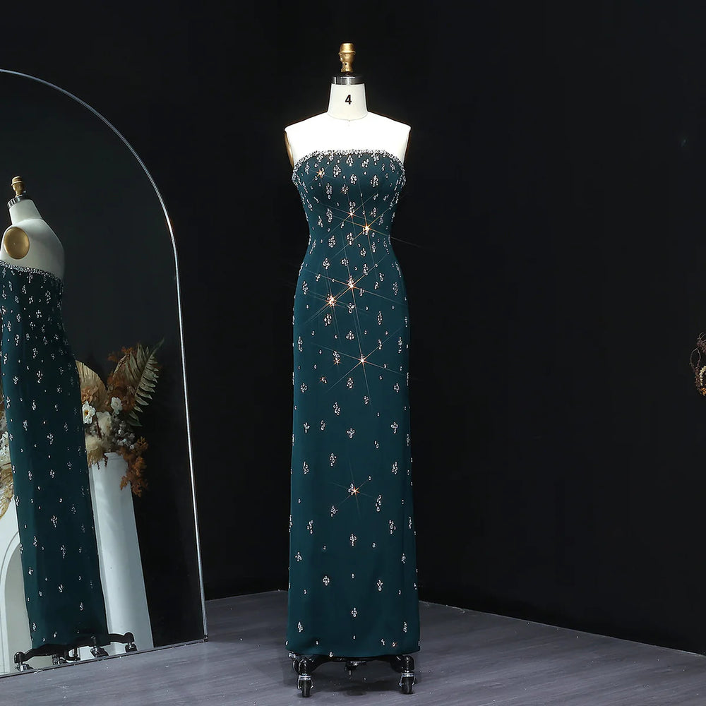 Elegant Strapless Emerald Green Evening Dress Rhinestones Arabic Gown SS221
