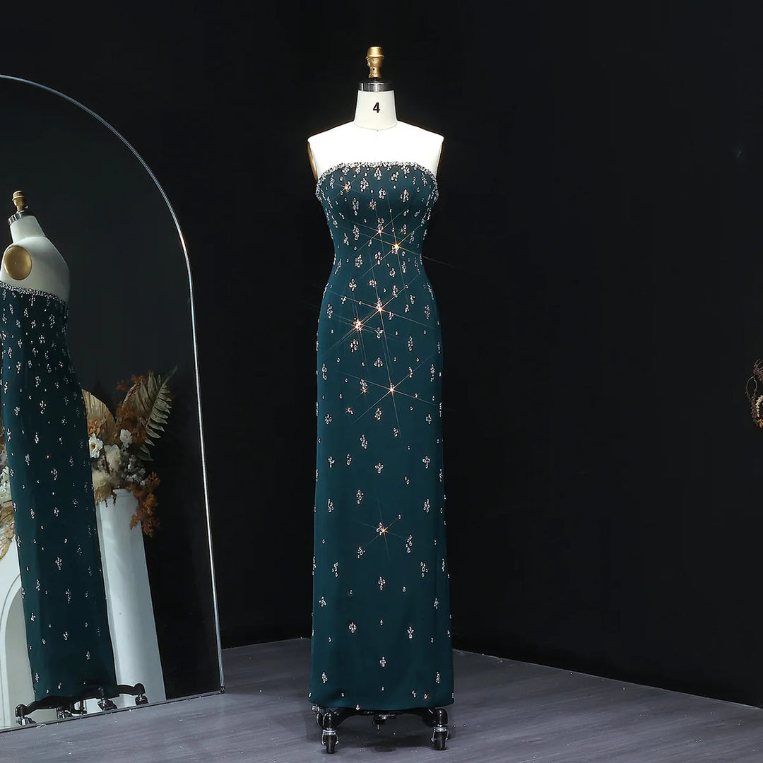 Elegant Strapless Emerald Green Evening Dress Rhinestones Arabic Gown SS221