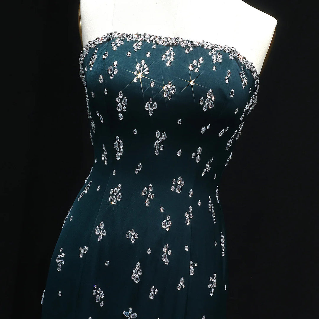 Elegant Strapless Emerald Green Evening Dress Rhinestones Arabic Gown SS221