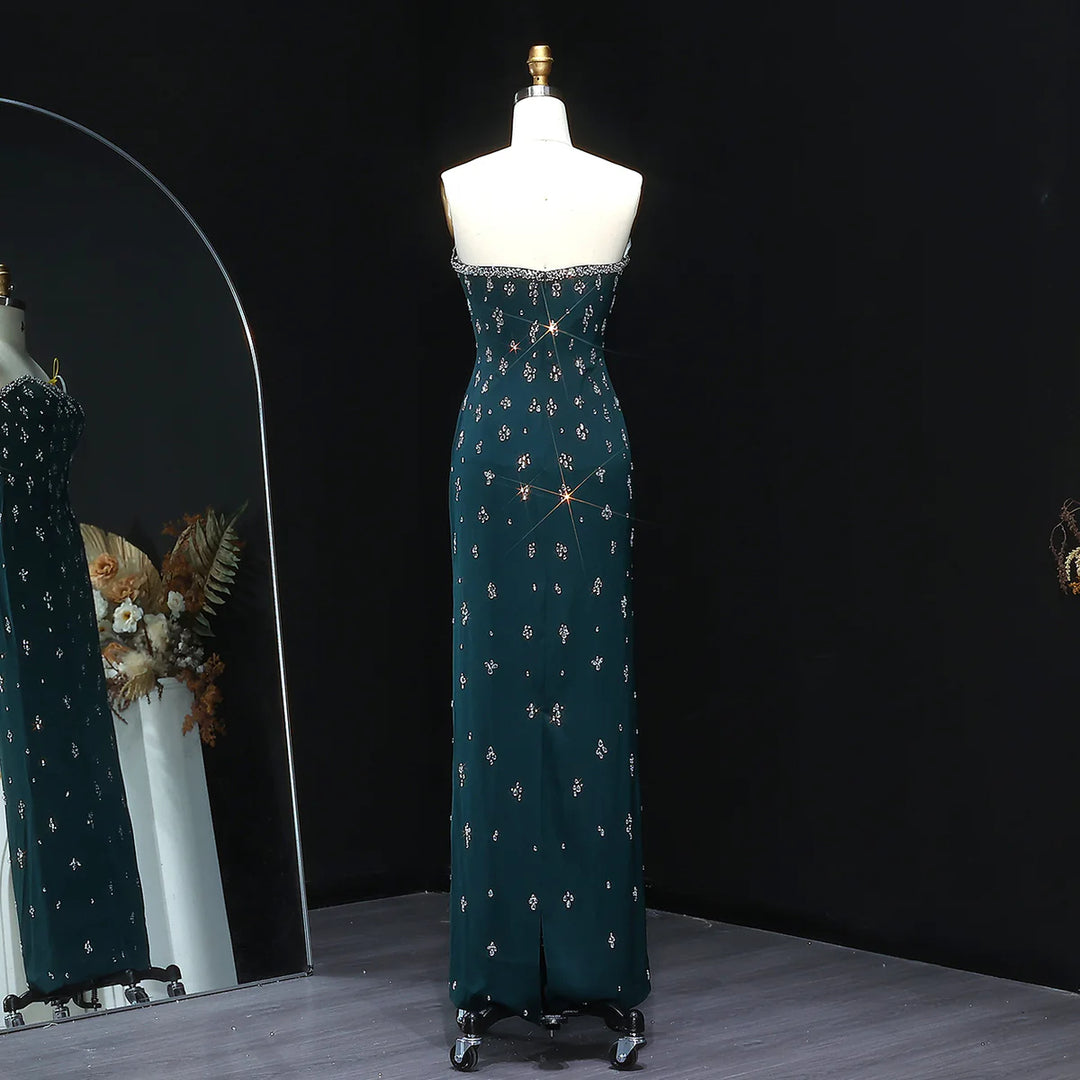 Elegant Strapless Emerald Green Evening Dress Rhinestones Arabic Gown SS221