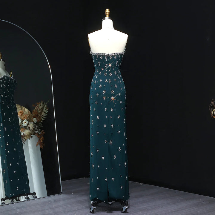Elegant Strapless Emerald Green Evening Dress Rhinestones Arabic Gown SS221