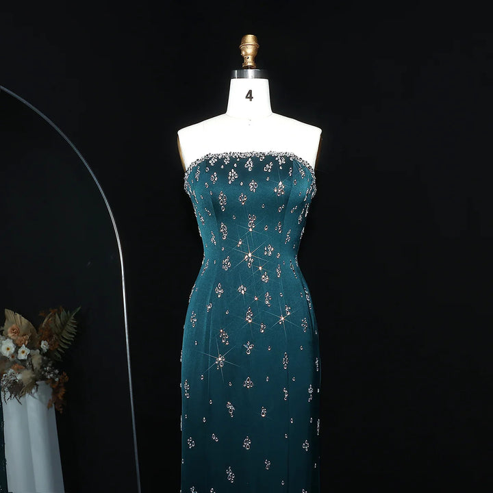 Elegant Strapless Emerald Green Evening Dress Rhinestones Arabic Gown SS221