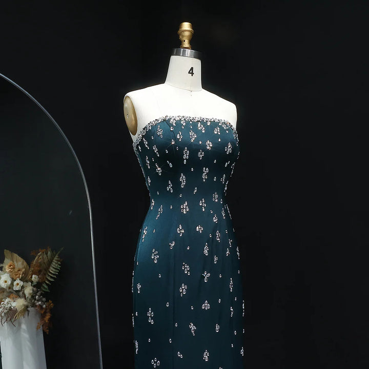 Elegant Strapless Emerald Green Evening Dress Rhinestones Arabic Gown SS221