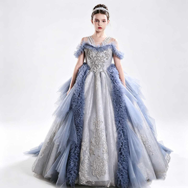 J105 blue off shoulder crystal beaded ruffle princess ball gown flower girl dress