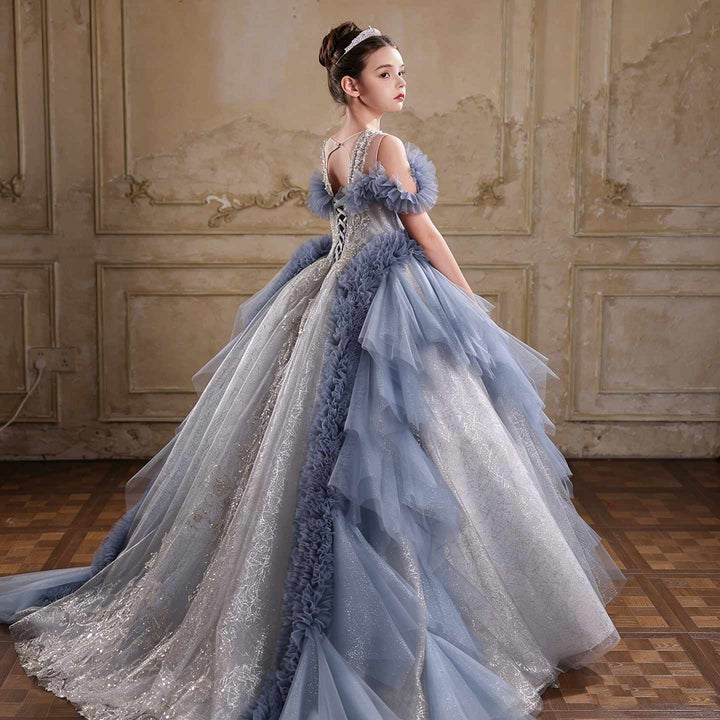 J105 blue off shoulder crystal beaded ruffle princess ball gown flower girl dress