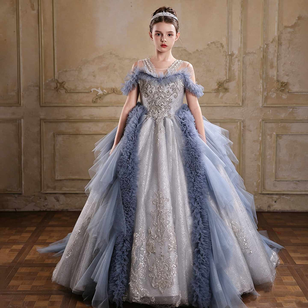 J105 blue off shoulder crystal beaded ruffle princess ball gown flower girl dress