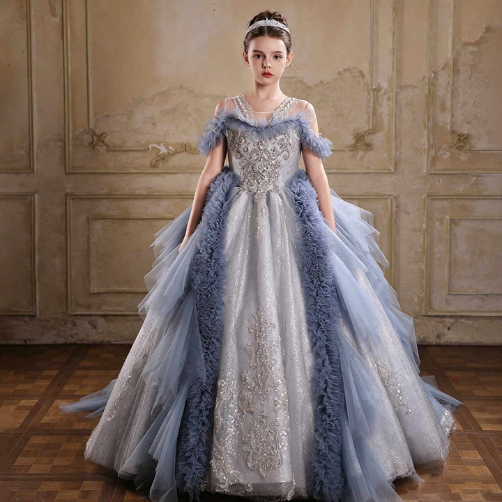 J105 blue off shoulder crystal beaded ruffle princess ball gown flower girl dress