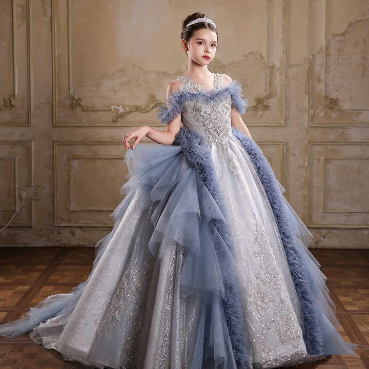 J105 blue off shoulder crystal beaded ruffle princess ball gown flower girl dress