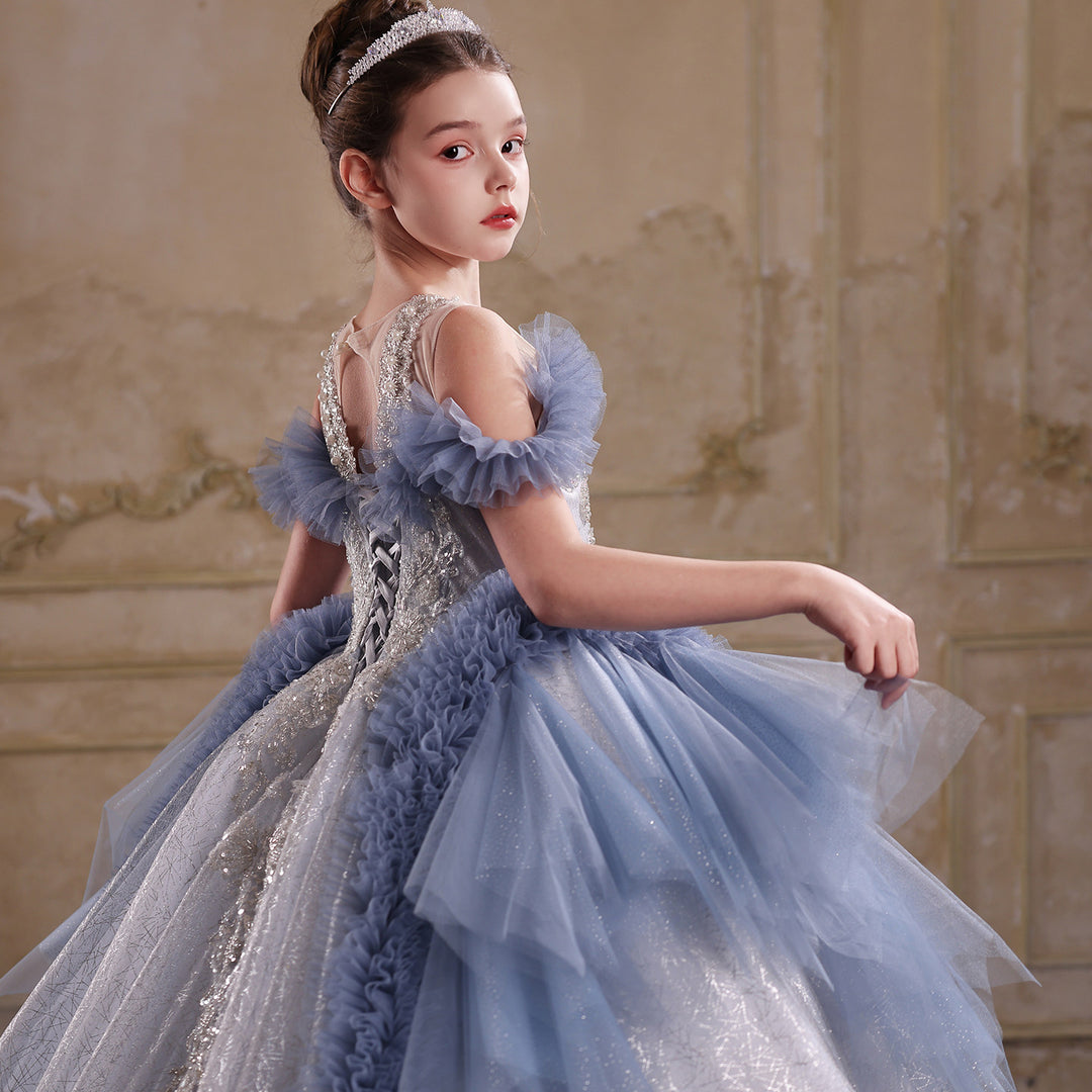 J105 blue off shoulder crystal beaded ruffle princess ball gown flower girl dress