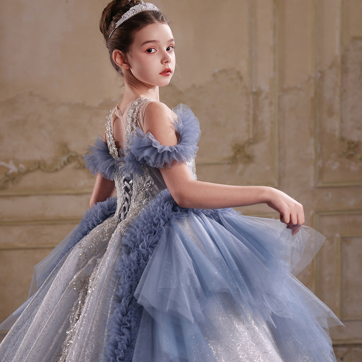 J105 blue off shoulder crystal beaded ruffle princess ball gown flower girl dress