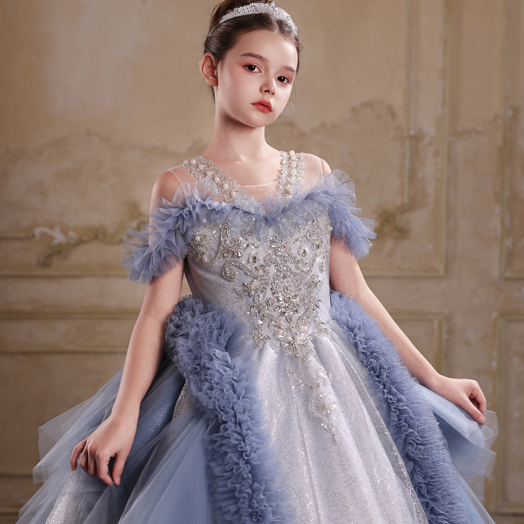 J105 blue off shoulder crystal beaded ruffle princess ball gown flower girl dress