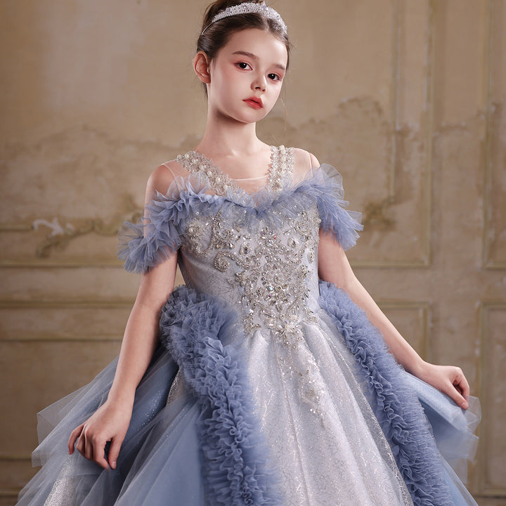 J105 blue off shoulder crystal beaded ruffle princess ball gown flower girl dress