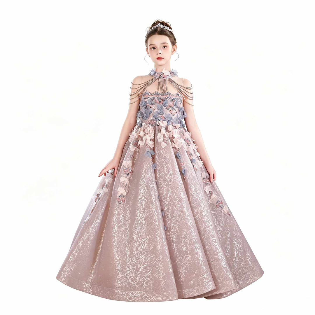 J110 dusty pink crystal beaded ruffle princess ball gown flower girl dress