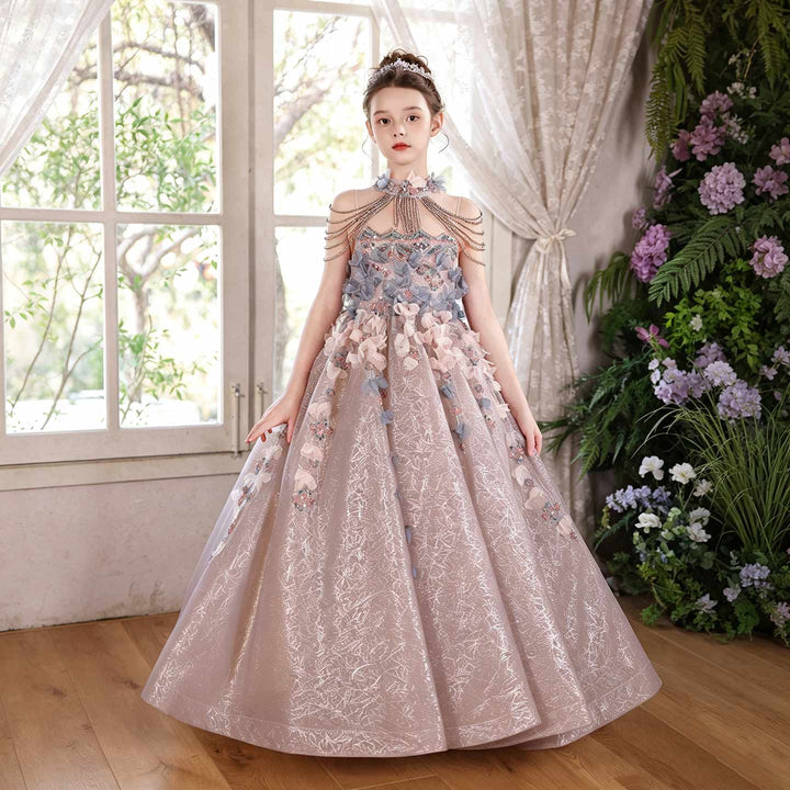 J110 dusty pink crystal beaded ruffle princess ball gown flower girl dress