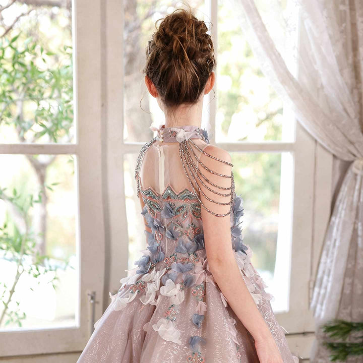 J110 dusty pink crystal beaded ruffle princess ball gown flower girl dress