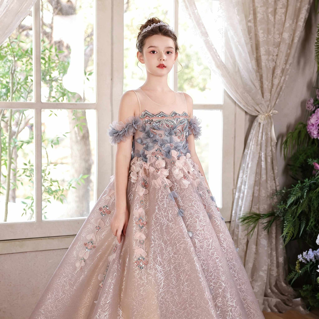 J110 dusty pink crystal beaded ruffle princess ball gown flower girl dress
