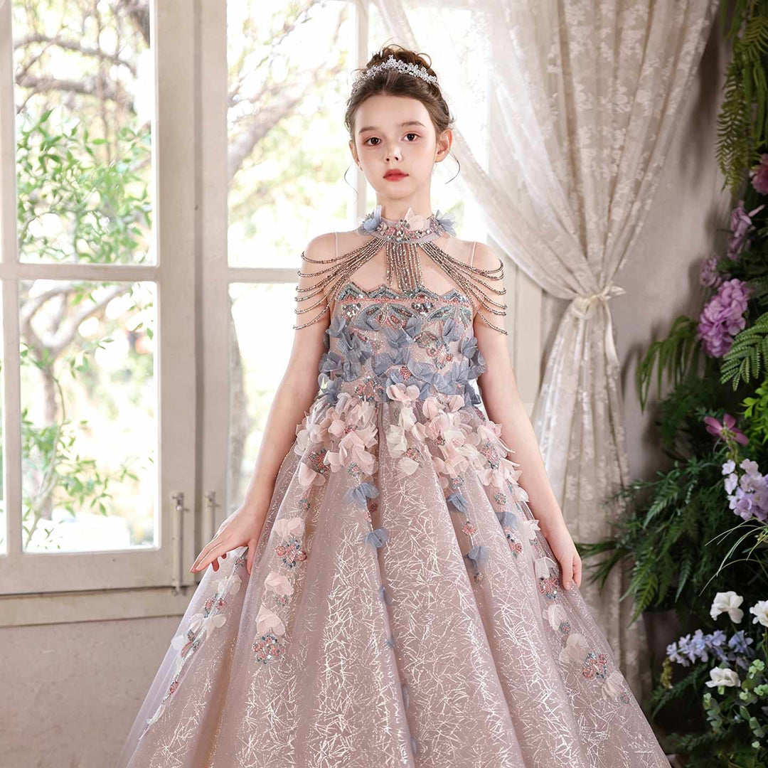 J110 dusty pink crystal beaded ruffle princess ball gown flower girl dress