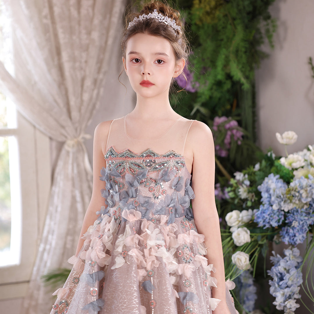 J110 dusty pink crystal beaded ruffle princess ball gown flower girl dress