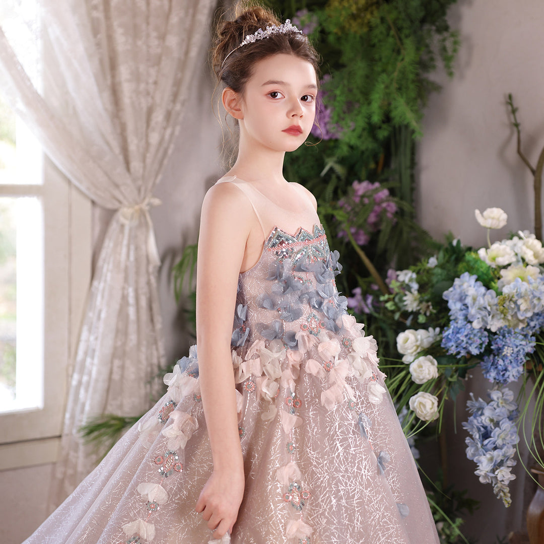 J110 dusty pink crystal beaded ruffle princess ball gown flower girl dress