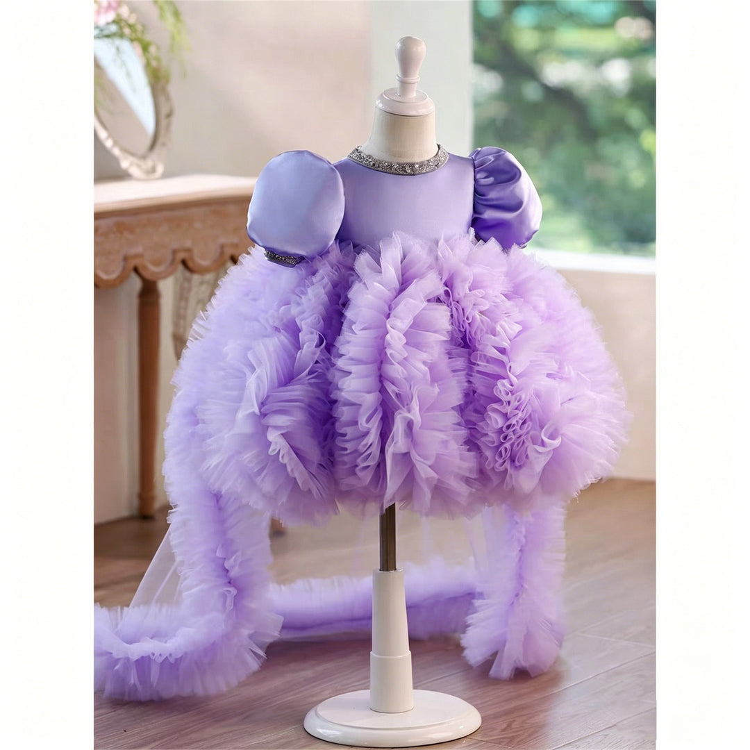 Lavender Puff Sleeve Ruffled Tulle Flower Girl Dress with Detachable Train J915