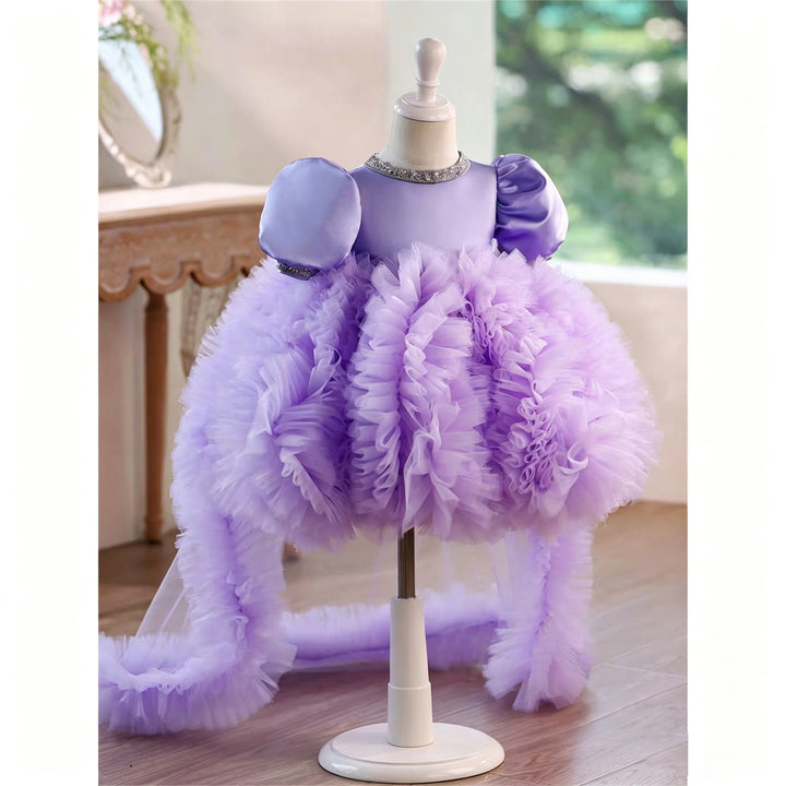 Lavender Puff Sleeve Ruffled Tulle Flower Girl Dress with Detachable Train J915