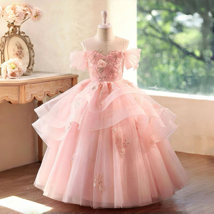 Romantic Pink Flower Girl Dress Off-Shoulder Bow Back Tulle Wedding Reception Gown D347