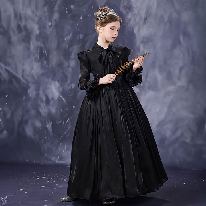 Vintage Black Flower Girl Dress Elegant Long Sleeve Tulle Party Dress for Formal Events D348