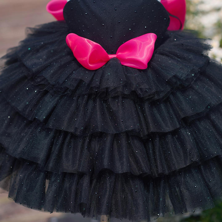 Chic Black Hot Pink Bow Flower Girl Dress Tiered Ruffle Tulle Girls Birthday Party Dress J907