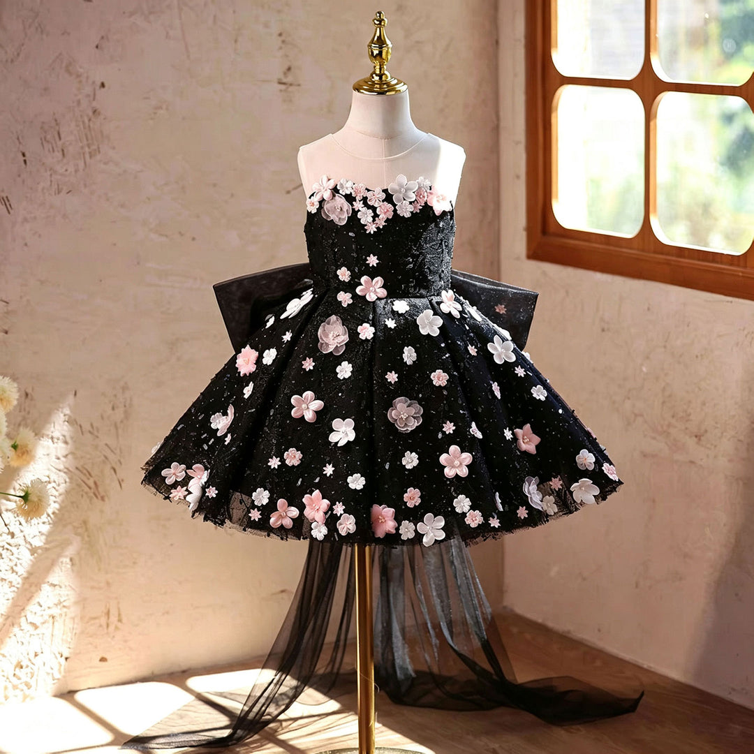 Stunning Black Flower Girl Dress with Pink Floral Applique Kids Sparkl DreamyVow Stunning Black Flower Girl Dress with Pink Floral Applique Kids Sparkl DreamyVow