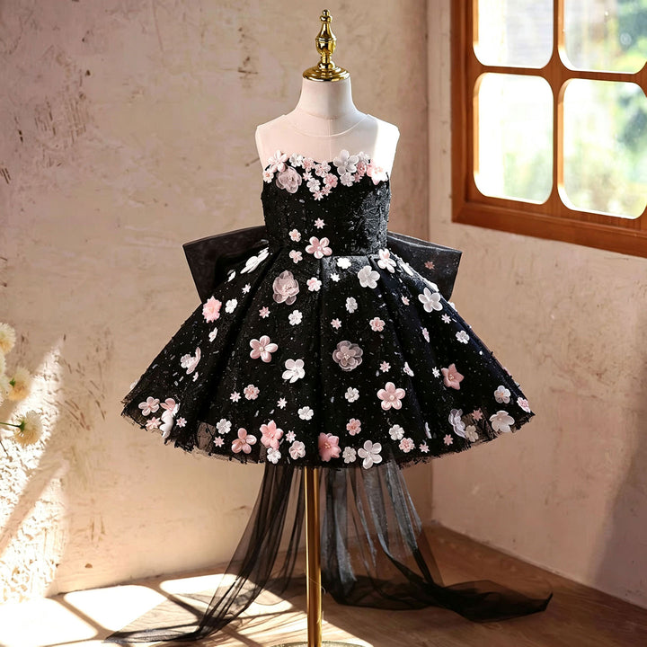 Stunning Black Flower Girl Dress with Pink Floral Applique Kids Sparkl   DreamyVow
