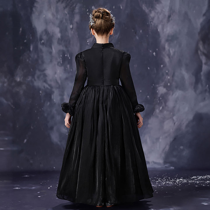 Vintage Black Flower Girl Dress Elegant Long Sleeve Tulle Party Dress for Formal Events D348