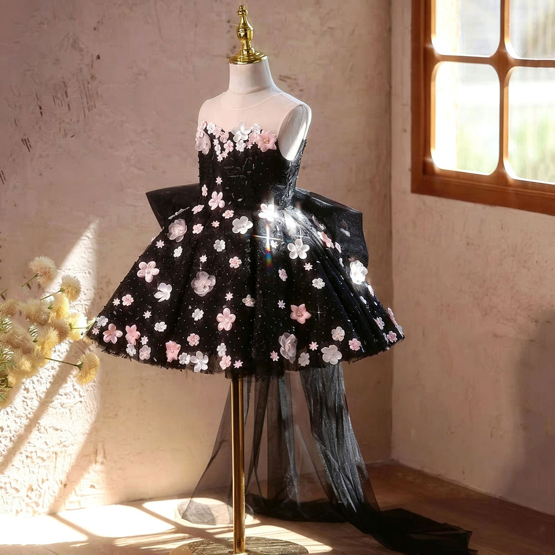 Stunning Black Flower Girl Dress with Pink Floral Applique Kids Sparkly Tulle Party Gown with Train J904