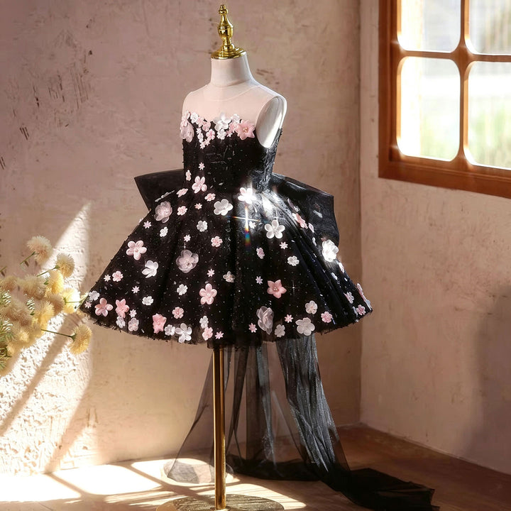 Stunning Black Flower Girl Dress with Pink Floral Applique Kids Sparkly Tulle Party Gown with Train J904