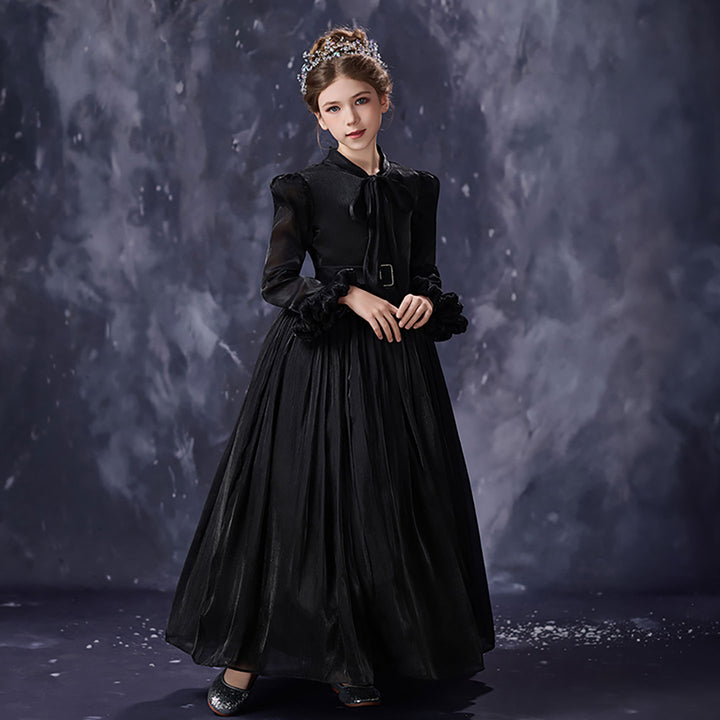 Vintage Black Flower Girl Dress Elegant Long Sleeve Tulle Party Dress for Formal Events D348