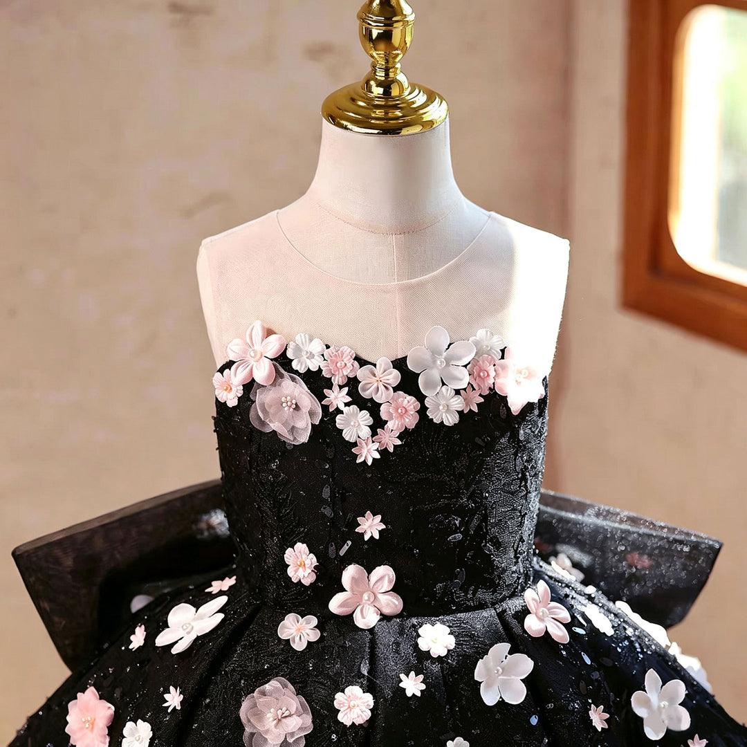 Stunning Black Flower Girl Dress with Pink Floral Applique Kids Sparkly Tulle Party Gown with Train J904