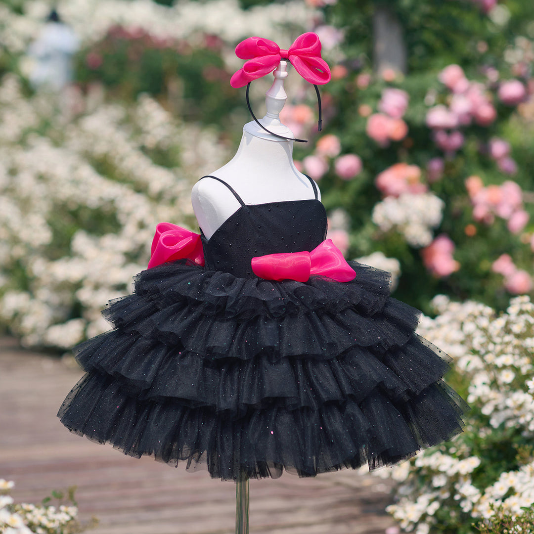 Chic Black Hot Pink Bow Flower Girl Dress Tiered Ruffle Tulle Girls Birthday Party Dress J907