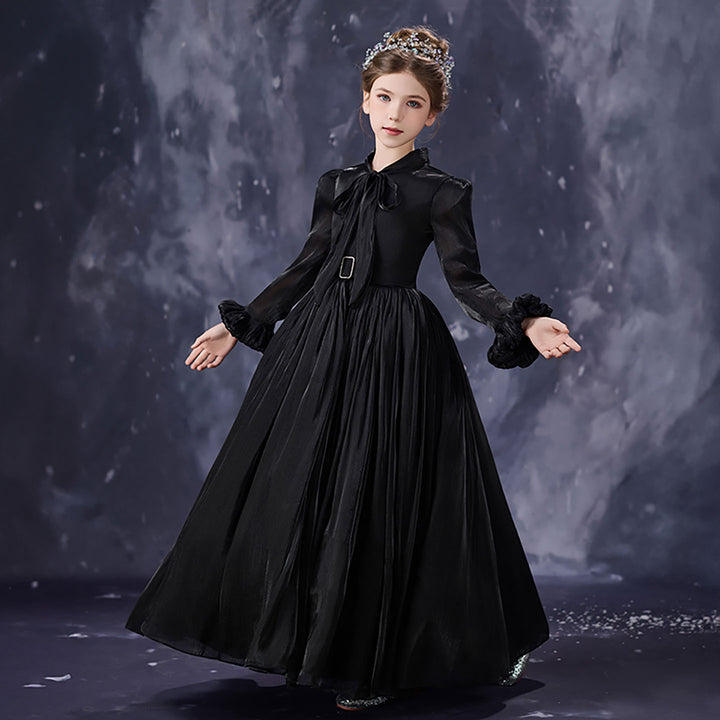 Vintage Black Flower Girl Dress Elegant Long Sleeve Tulle Party Dress for Formal Events D348