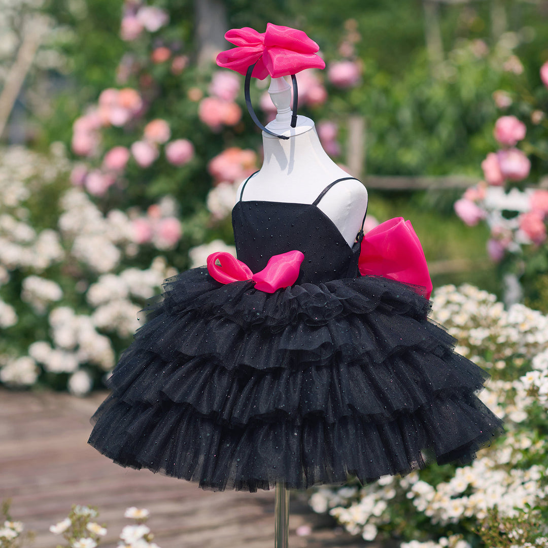 Chic Black Hot Pink Bow Flower Girl Dress Tiered Ruffle Tulle Girls Birthday Party Dress J907