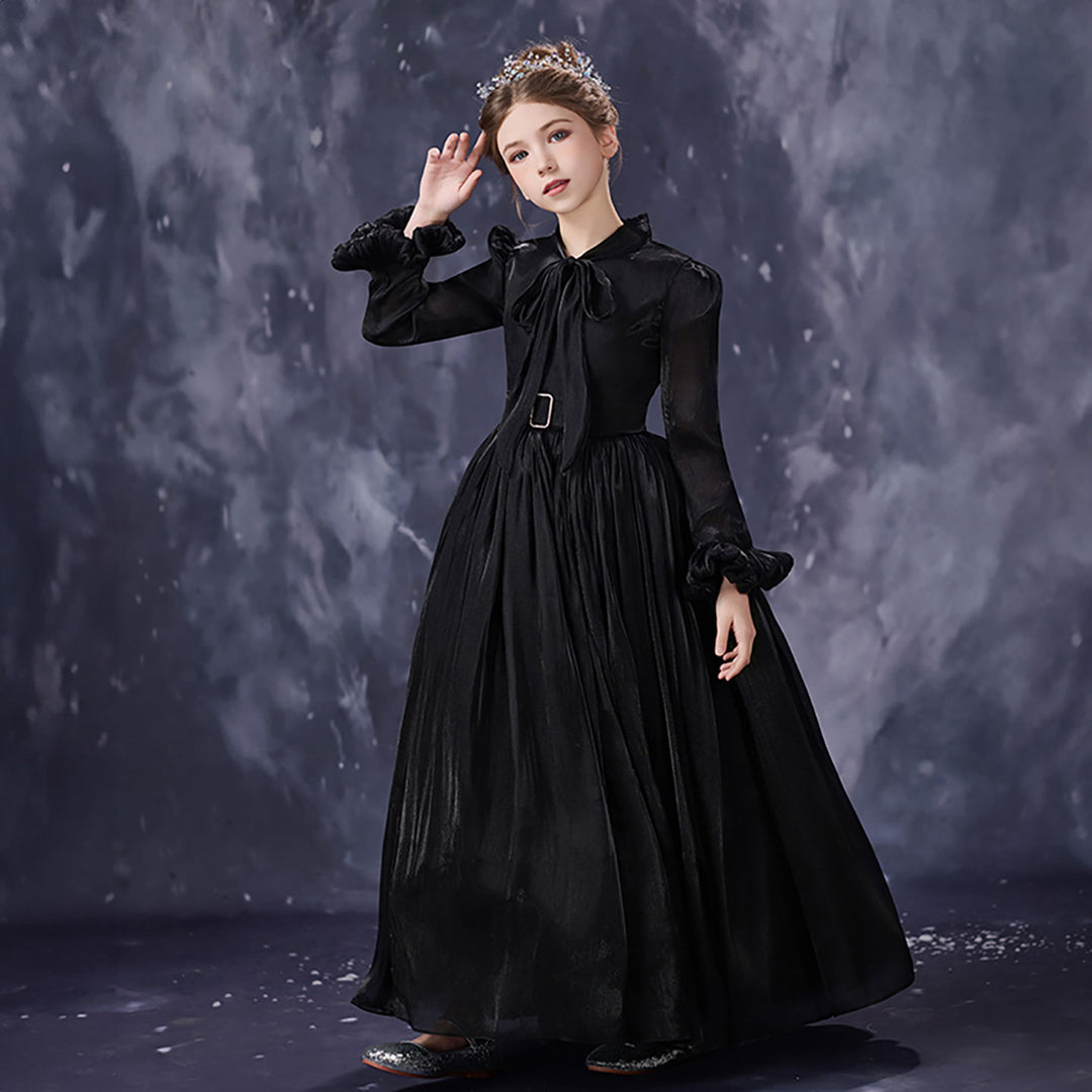 Vintage Black Flower Girl Dress Elegant Long Sleeve Tulle Party Dress for Formal Events D348