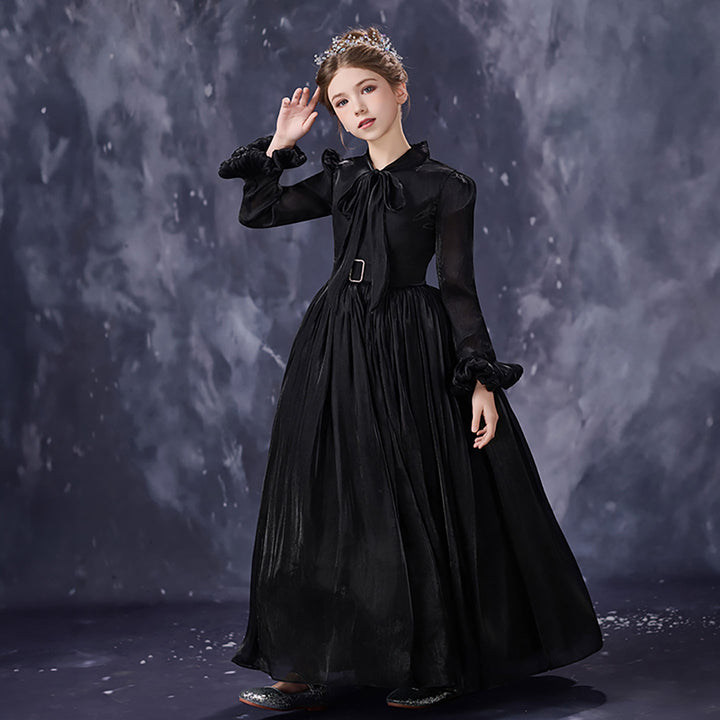 Vintage Black Flower Girl Dress Elegant Long Sleeve Tulle Party Dress for Formal Events D348
