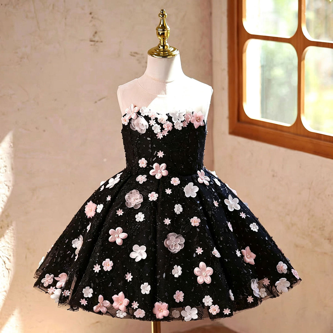 pink dress with black flowers Stunning Black Flower Girl Dress with Pink Floral Applique Kids Sparkly Tulle Party Gown with Train J904