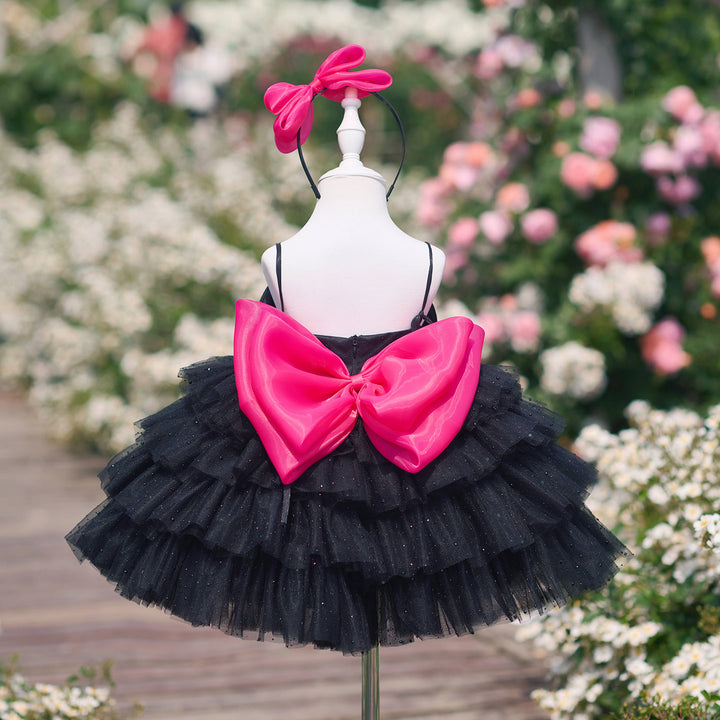 Chic Black Hot Pink Bow Flower Girl Dress Tiered Ruffle Tulle Girls Birthday Party Dress J907