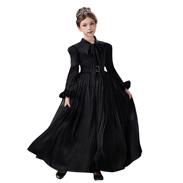 Vintage Black Flower Girl Dress Elegant Long Sleeve Tulle Party Dress for Formal Events D348