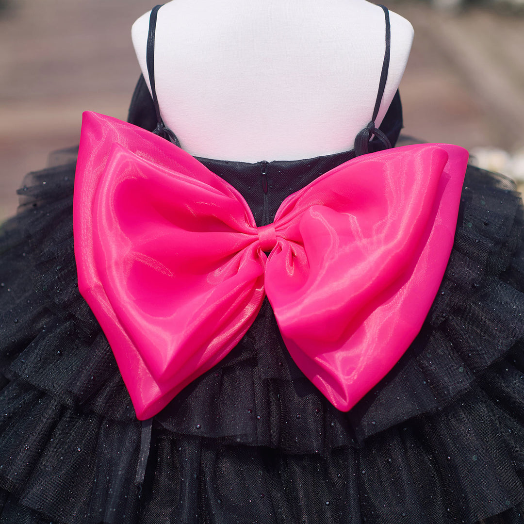 Chic Black Hot Pink Bow Flower Girl Dress Tiered Ruffle Tulle Girls Birthday Party Dress J907