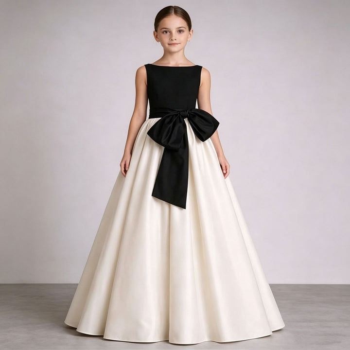 Ivory and Black Flower Girl Dress for Kids Elegant Satin Party Dress with Bowknot for Wedding D345