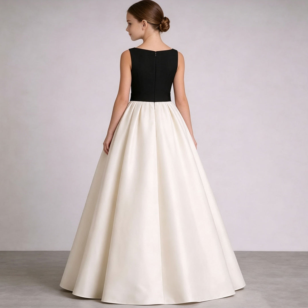 Ivory and Black Flower Girl Dress for Kids Elegant Satin Party Dress with Bowknot for Wedding D345