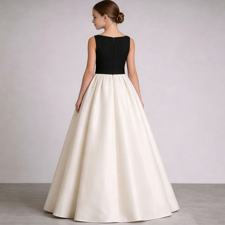 Ivory and Black Flower Girl Dress for Kids Elegant Satin Party Dress with Bowknot for Wedding D345