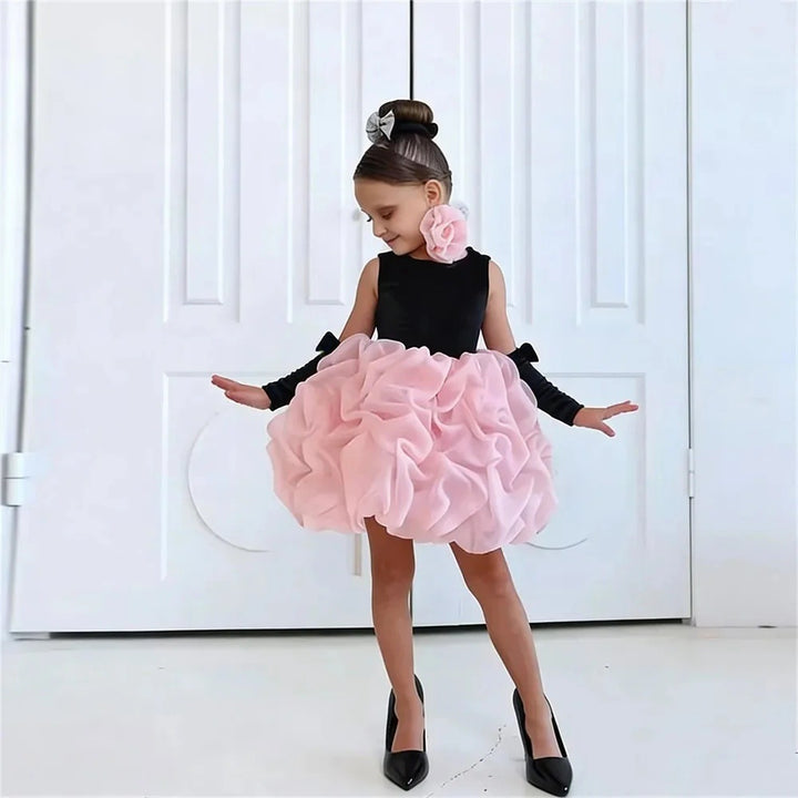 Flower Girl Dress with Rose Bud Skirt Velvet Bodice Girls Christmas Wedding Party Gown M078